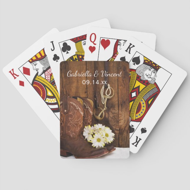 Cowboy Boots, Daisies, Horse Bit Country Wedding Playing Cards (Back)
