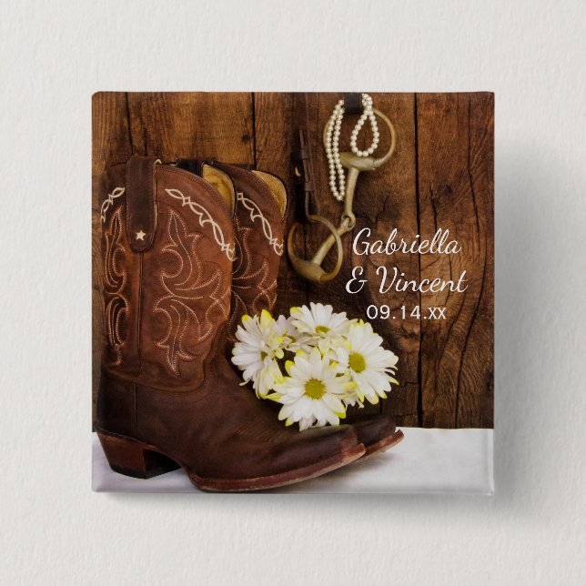 Cowboy Boots, Daisies Horse Bit Western Wedding 15 Cm Square Badge (Front)