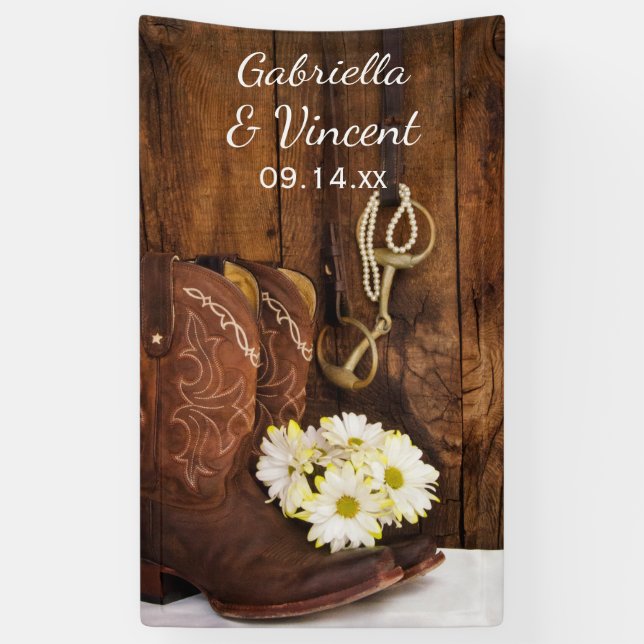Cowboy Boots, Daisies, Horse Bit Western Wedding Banner (Vertical)