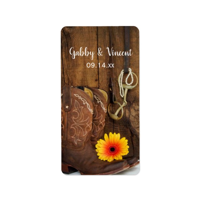 Cowboy Boots, Daisy and Horse Bit Country Wedding Label (Front)
