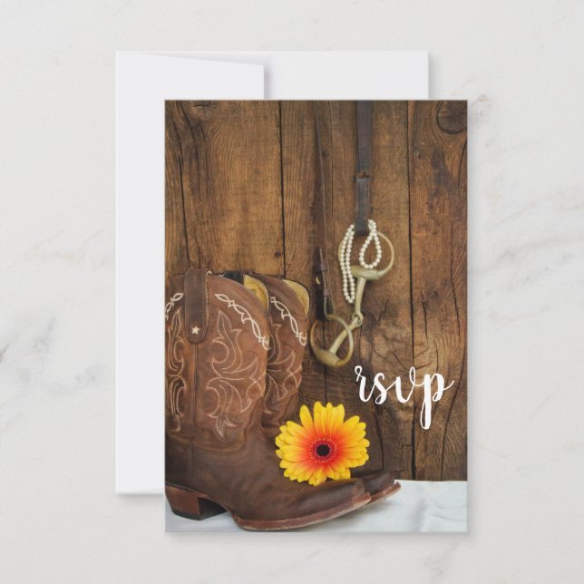 Cowboy Boots Daisy Horse Bit Barn Wedding RSVP Card (Front)