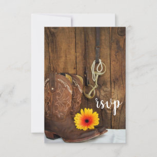 Cowboy Boots Daisy Horse Bit Barn Wedding RSVP Card