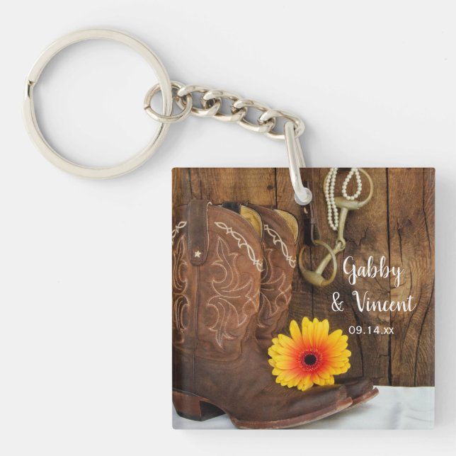 Cowboy Boots, Daisy Horse Bit Country Wedding Key Ring (Front)