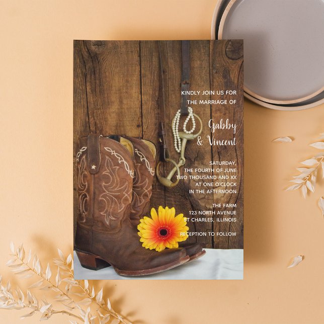 Cowboy Boots Daisy Horse Bit Western Barn Wedding Invitation (Creator Uploaded)