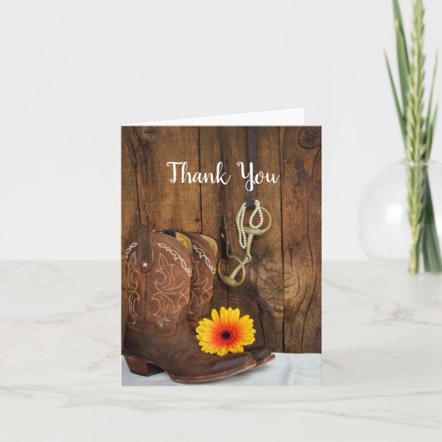 Cowboy Boots, Daisy, Horse Bit Western Thank You Card (Front)