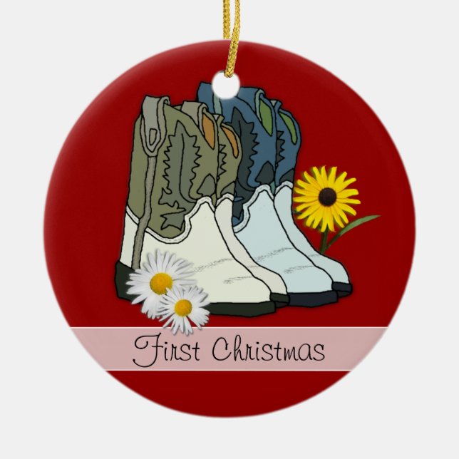 Cowboy Boots, First Christmas Custom Ornament (Front)