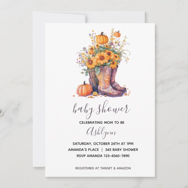 Cowboy Boots Floral Pumpkin Autumn Baby Shower Invitation (Front)