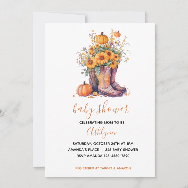 Cowboy Boots Floral Pumpkin Fall Baby Shower Invitation (Front)