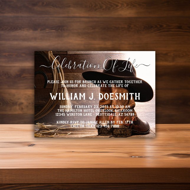 Cowboy Boots Hat Funeral Memorial Service Invitation (Cowboy memorial service and funeral announcement. Simply add your event details.)