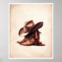 Cowboy Boots & Hat Watercolour Art