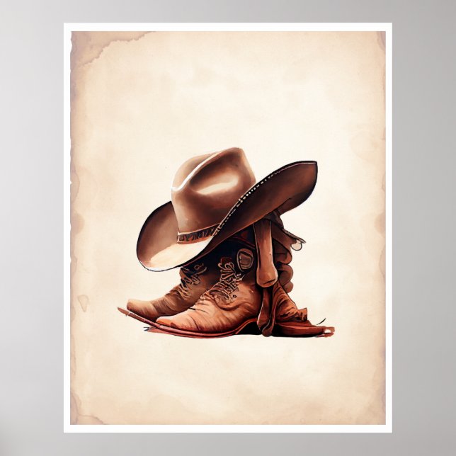 Cowboy Boots & Hat Watercolour Art Poster (Front)