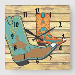Cowboy Boots in Orange and Blue Square Wall Clock