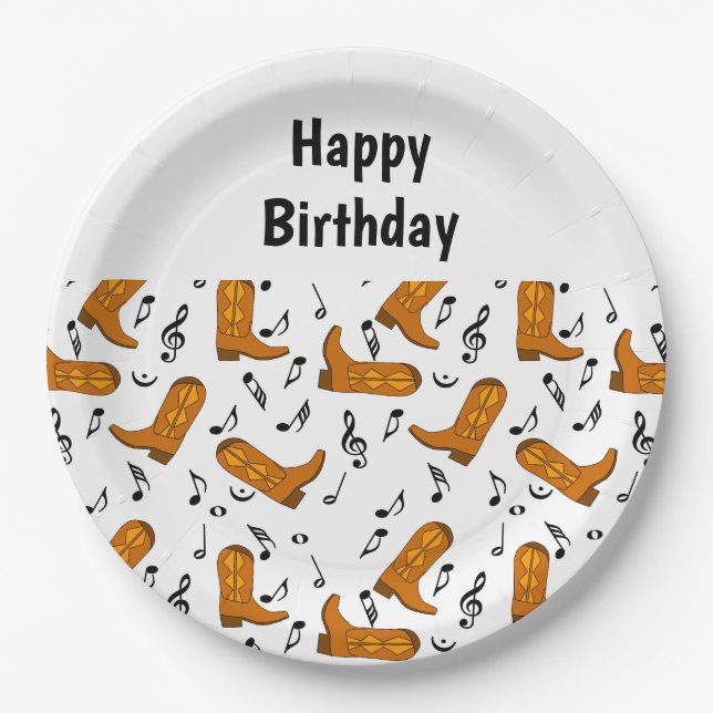 Cowboy Boots Music Notes Birthday  Paper Plate (Front)