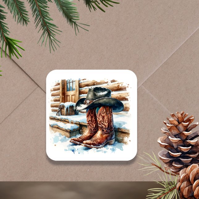 Cowboy Boots on the Front Porch on a Winter Day Square Sticker (Creator Uploaded)