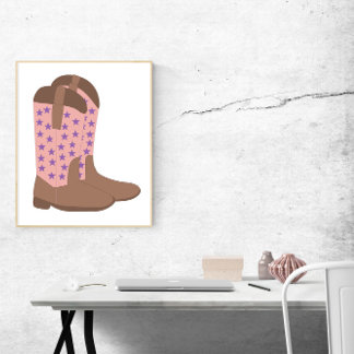 Cowboy Boots Pink Brown Purple Stars  Poster
