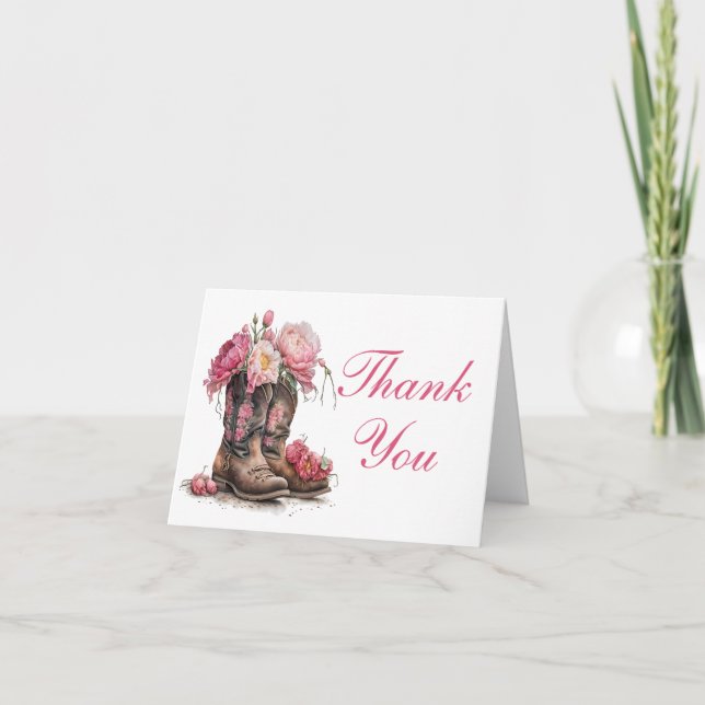 Cowboy Boots Pink Floral Western Country Wedding Thank You Card (Front)