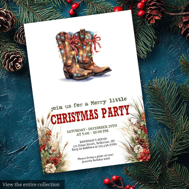 Cowboy Boots Red Green Christmas Invitation (Rustic Western Christmas invite with cowboy boots, lassos, and festive red-green charm.)