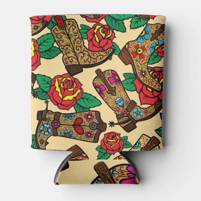 Cowboy Boots & Roses: Vintage Design. Can Cooler (Front)