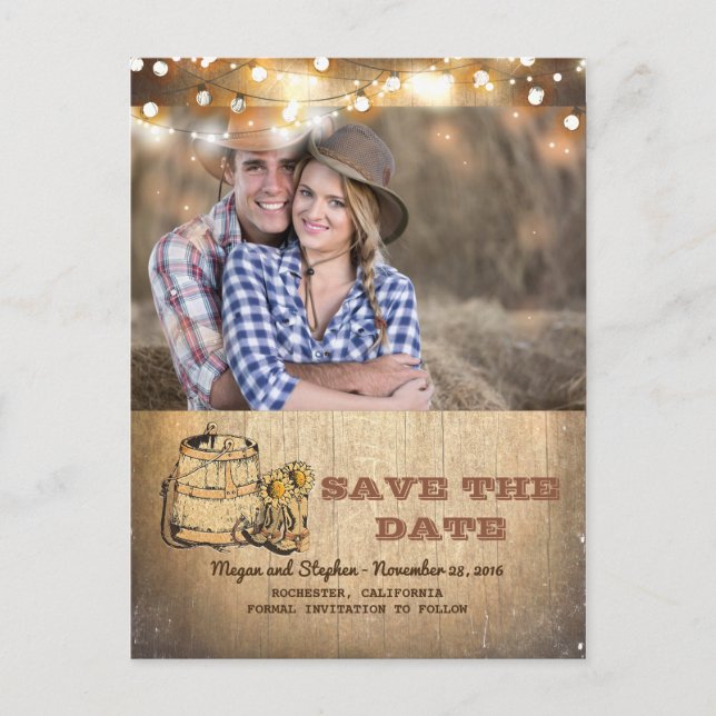 Cowboy Boots Rustic Country Photo Save the Date Announcement Postcard (Front)