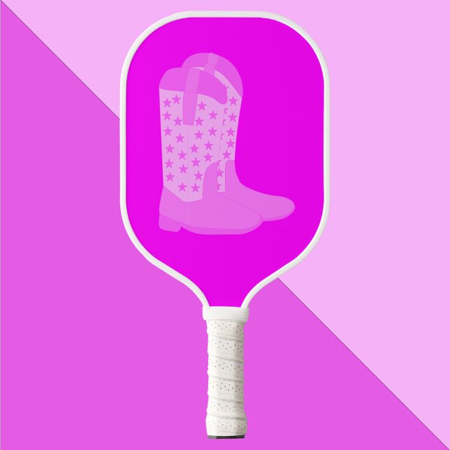 Cowboy Boots Stars Pink Background Pickleball Paddle (A pickleball paddle featuring a pink pair of cowboy boots with stars.)