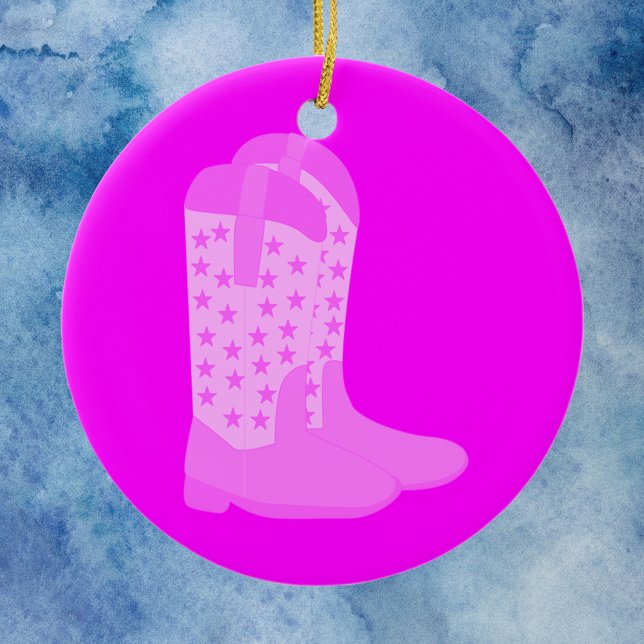 Cowboy Boots Stars Pink Ceramic Tree Decoration (An ornament with a pair of pink cowboy boots)
