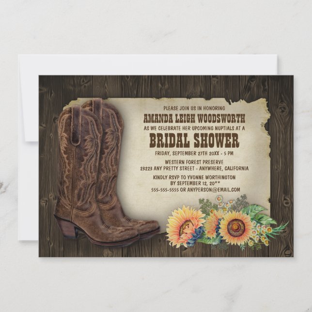 Cowboy Boots Sunflower Bridal Shower Invitations (Front)