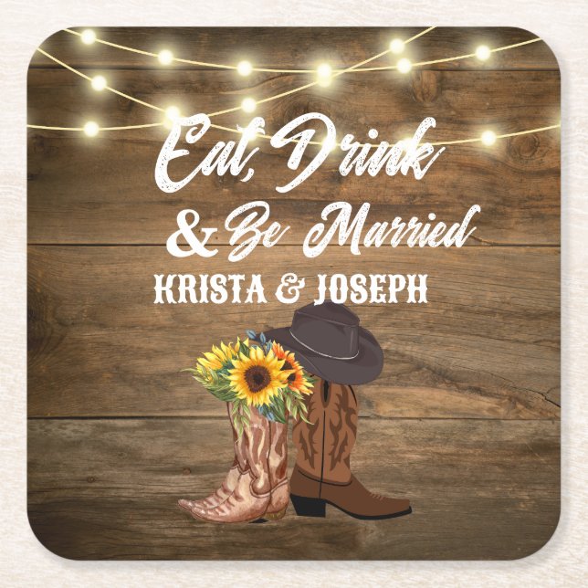 Cowboy Boots Sunflower Western Wedding  Favour Square Paper Coaster (Front)