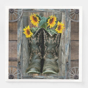 Cowboy Boots Sunflowers Rustic Barn Board Napkin