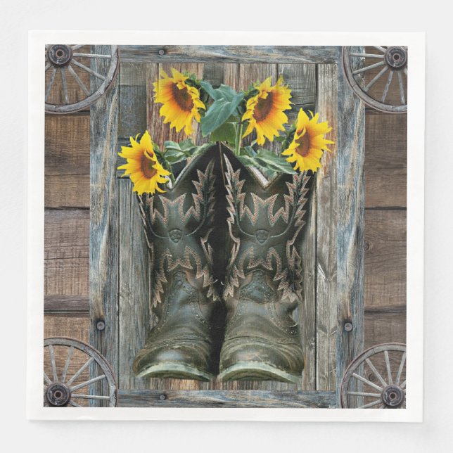 Cowboy Boots Sunflowers Rustic Barn Board Napkin (Front)