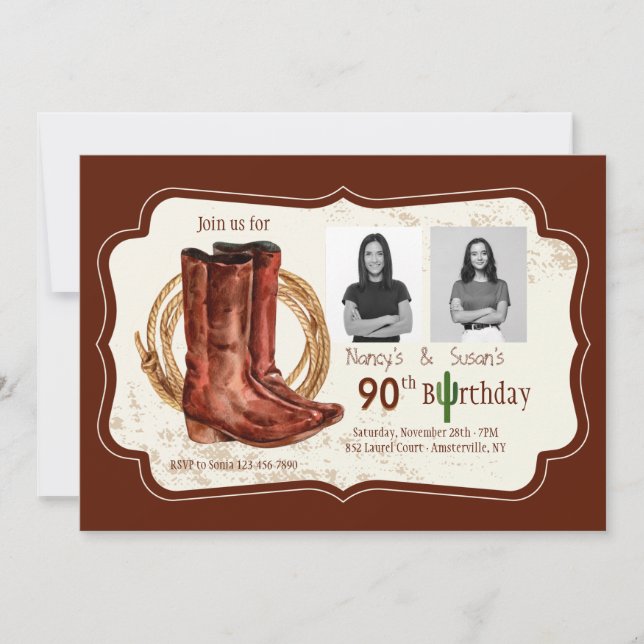 Cowboy Boots Two Photo Birthday Party Invitation (Front)