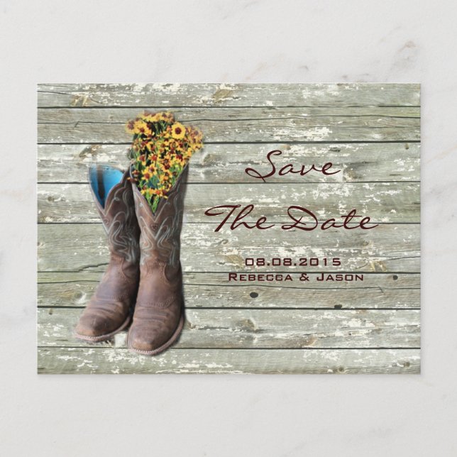 cowboy boots western country wedding save the date announcement postcard (Front)