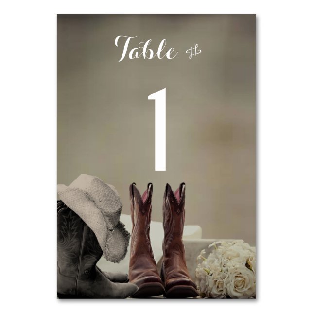 Cowboy Boots Western Rustic Wedding Table Numbers (Front)