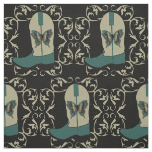 Cowboy Boots With Butterfly And Swirl Frame On Blk Fabric