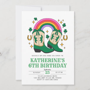 Cowboy Boots with Rainbow and Shamrocks Birthday Invitation