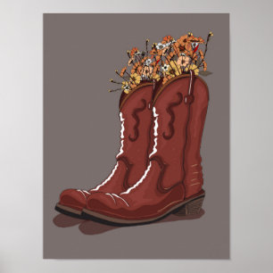 Cowboy Boots With Wildflowers Poster