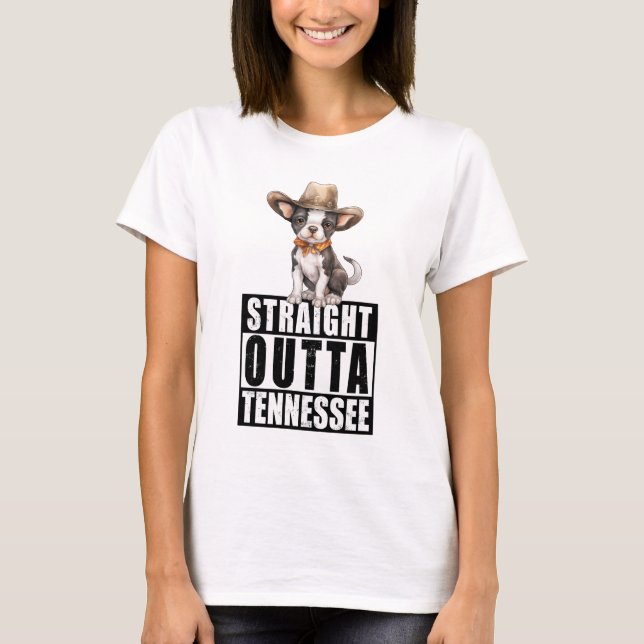 Cowboy Boston Terrier Straight Outta Tennessee T-Shirt (Front)