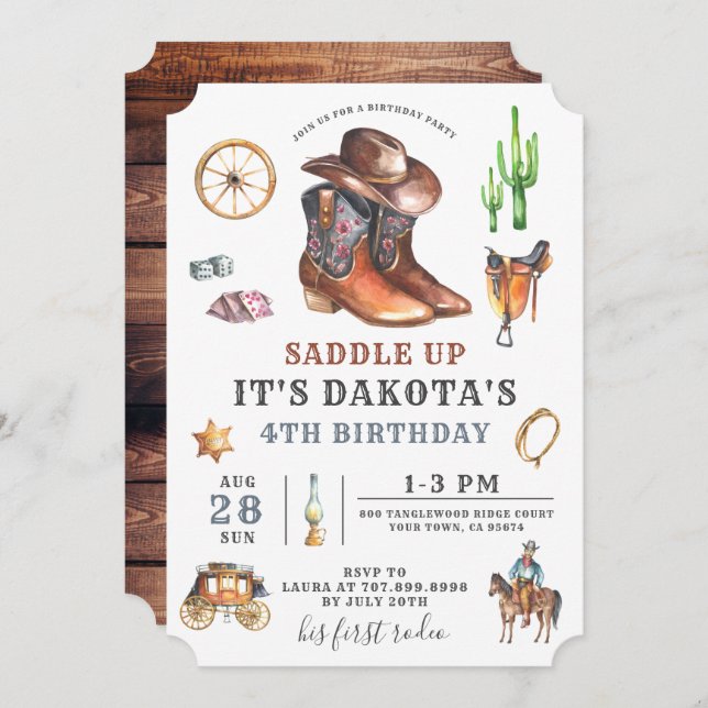Cowboy Boy 4th Birthday Invitation (Front/Back)