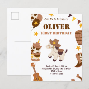 Cowboy Boy Rodeo First Birthday Template Postcard 