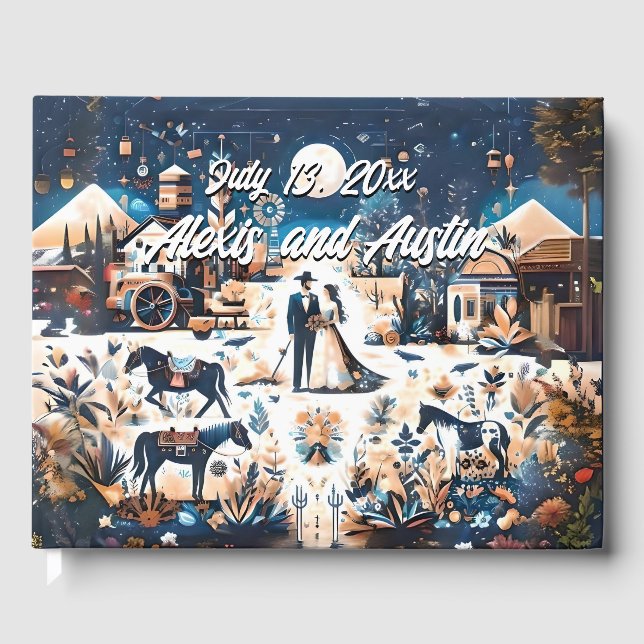 Cowboy & Bride Blue Western Style Wedding  Guest Book (Front)