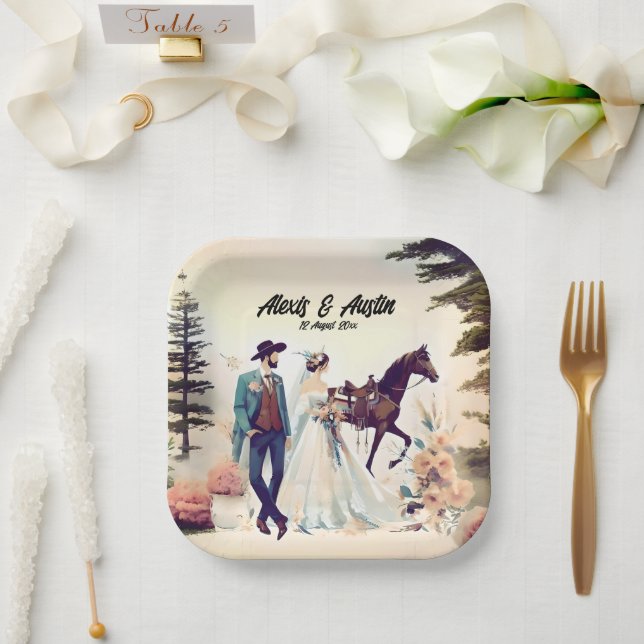 Cowboy, Bride & Horse Wedding Paper Plate (Wedding)
