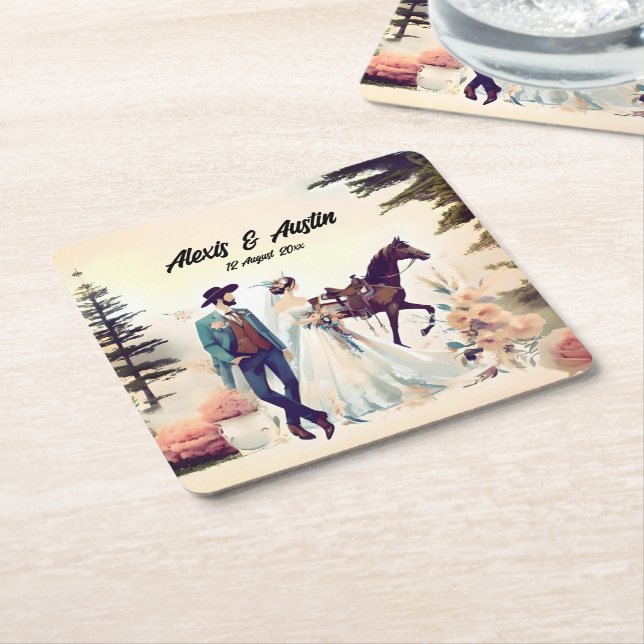 Cowboy, Bride & Horse Wedding Square Paper Coaster (Angled)