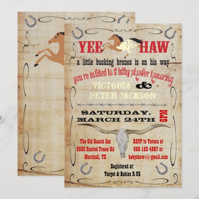 Cowboy Bucking Bronco Couples Baby Shower Invitation (Front/Back)