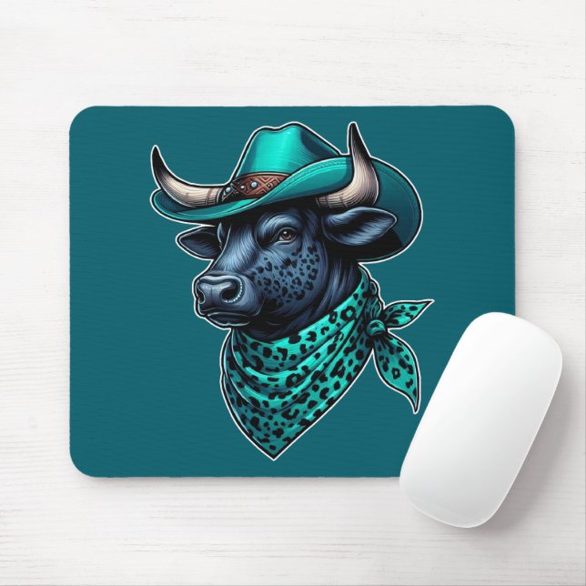 Cowboy Bull With Turquoise Hat and Patterned Scarf Mouse Mat (With Mouse)