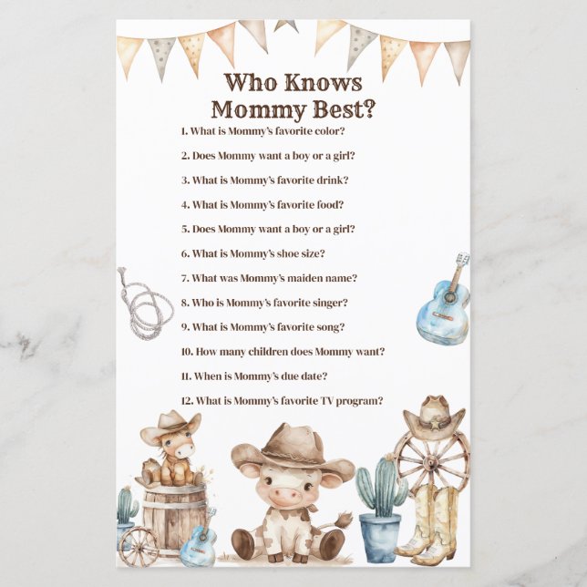 Cowboy Cactus Baby Shower Who Knows Mummy Best (Front)