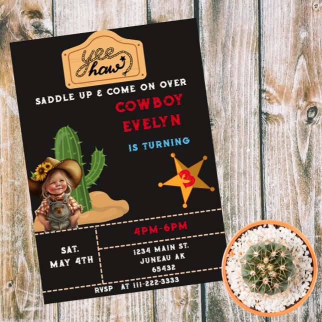 Cowboy Cactus Party Birthday Girl  Magnetic Invitation (Creator Uploaded)