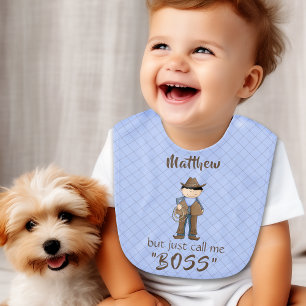 Cowboy Call Me Boss Blue Brown Personalised Bib