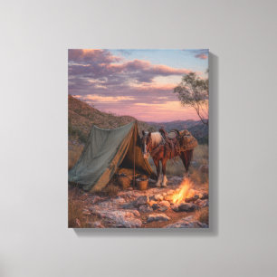 Cowboy Campfire Sunset Horse Painting Canvas Print