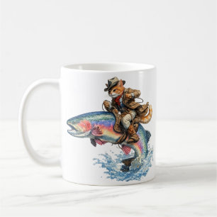 Cowboy Cat Riding Rainbow Trout Rodeo Coffee Mug