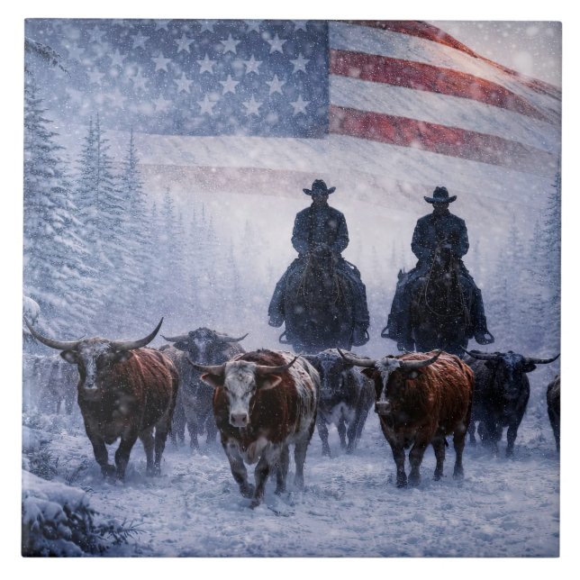 Cowboy Cattle Drive Winter Artwork Tile (Front)