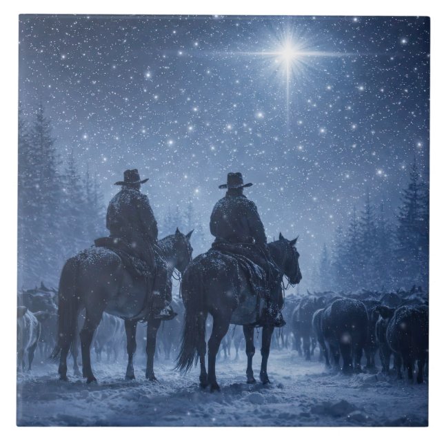Cowboy Cattle Drive Winter Artwork Tile (Front)